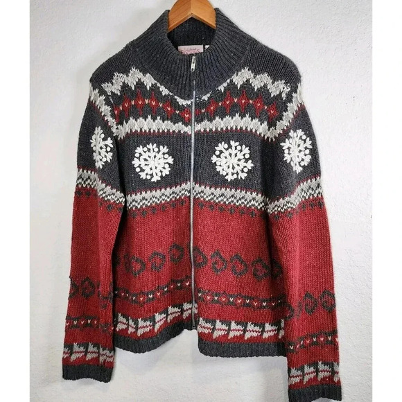 VINTAGE Basic Editions Holiday Cardigan Women XL Wool BLEND Gray Red White SKI - Picture 9 of 9